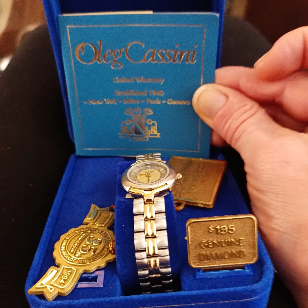 Oleg Cassini Vintage NIB genuine diamond watch two toned gold and silver